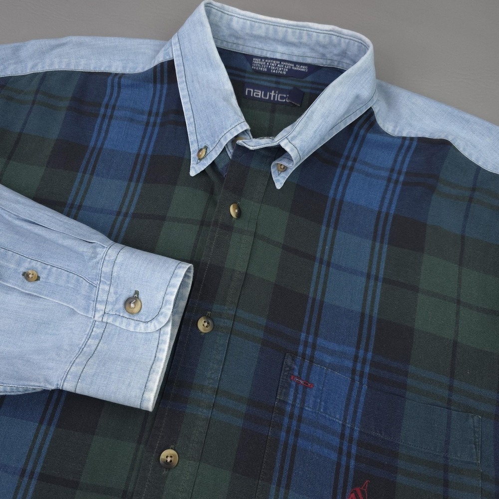 Vintage Nautica Shirt Mens XL Blue Green Plaid Chambray Long Sleeve Button Down